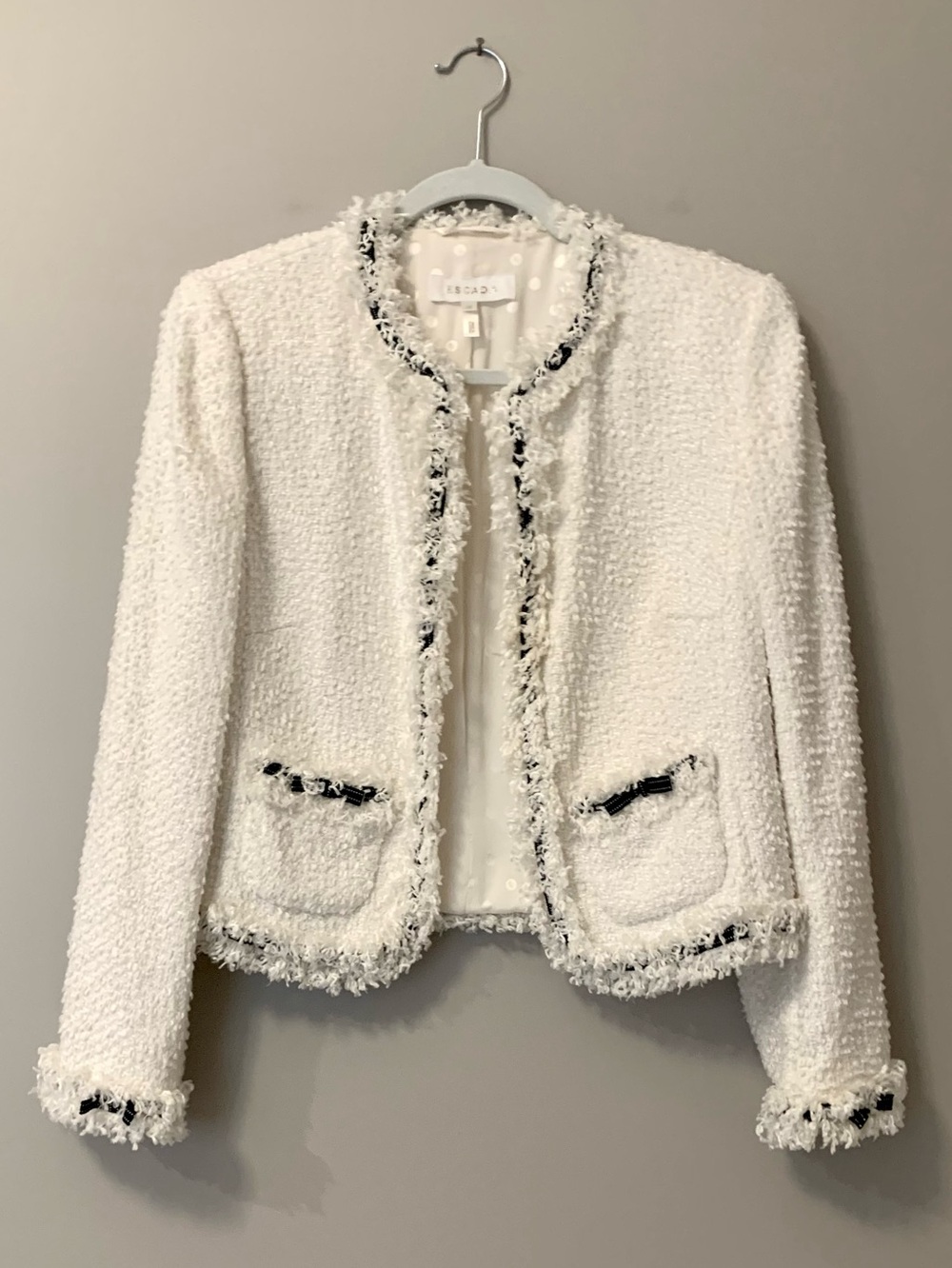 Escada Boucle Jacket Open-Front Blazer Cream Black Trim Silk Lining 36 US 6